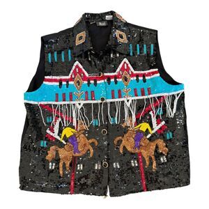RARE Vintage Modi 90s Sequin Beaded Western Horse‎ Rodeo Cowboy Silk Vest Sz XL